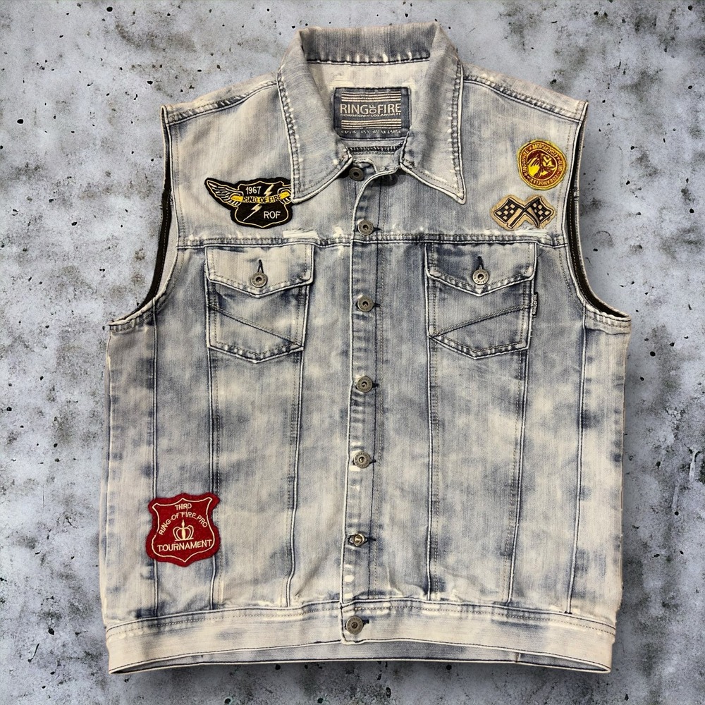 Men’s Ring Of Fire Denin Vest Medium Wash XL Patches